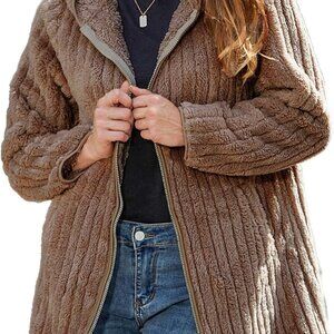 Womens Fleece Jacket Hooded Winter Warm Full Zip Long Sleeve Sherpa Jacket Coat